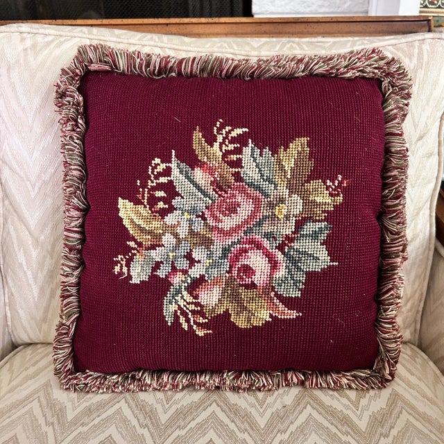 1970s Vintage Burgundy Floral Needlepoint Pillows With Silk Backs, Pair For Sale - Image 5 of 10