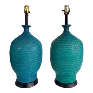 Mid 20th Century Mid-Century Modern Textured Glazed Pottery Table Lamps, Pair, Bitossi Style For Sale