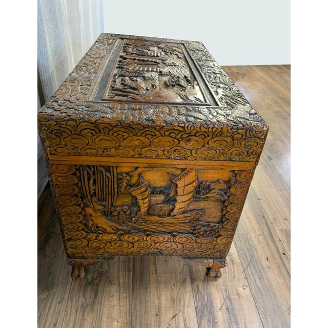 Vintage Chinese Camphor Chest Trunk or Coffee Table Hand Carved W Boats Ships For Sale - Image 4 of 9