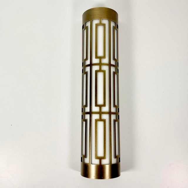 Vintage Hollywood Regency Roman Empire Style Cylinder Tole Bronze Wall Sconce, Milk Glass. For Sale - Image 4 of 13