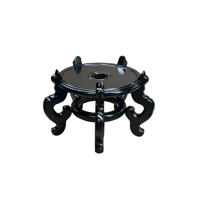Asian Black Lacquer 5 Curved Legs Round 10.5" Wood Plant Vase Display Stand For Sale - Image 3 of 7