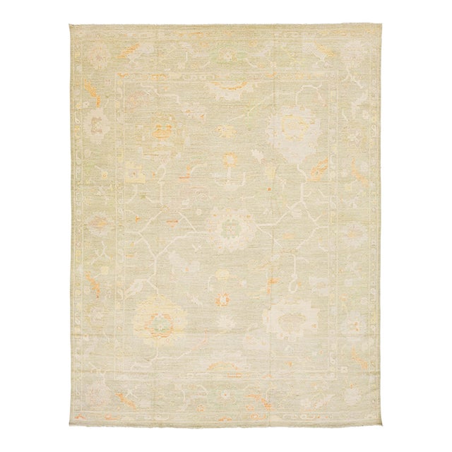 Modern Oushak Style Hand-Knotted Wool Rug Muted Sage & Apricot Floral Design For Sale
