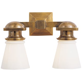 Chapman & Myers for Visual Comfort Signature New York Subway Double Light in Hand-Rubbed Antique Brass with White Glass For Sale