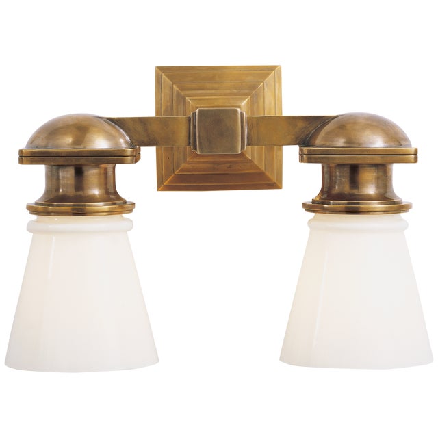 Chapman & Myers for Visual Comfort Signature New York Subway Double Light in Hand-Rubbed Antique Brass with White Glass For Sale