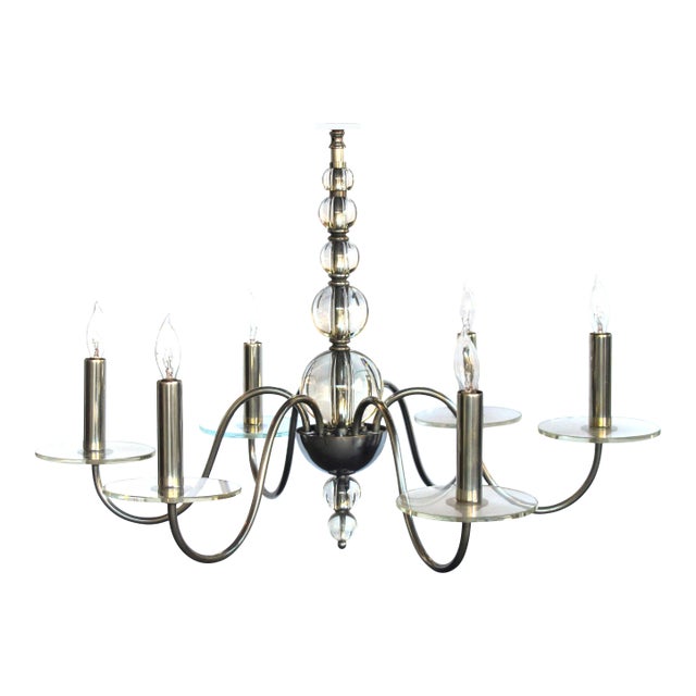 French Art Deco 6-Light Chrome Chandelier With Stacked Glass Spheres; Attributed to Jacques Adnet For Sale