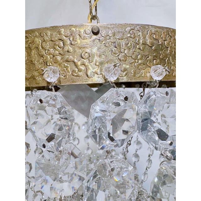 Hollywood Regency Vintage Hollywood Regency Textured Florentine Brass Tiered Crystal Basket Chandelier For Sale - Image 3 of 9