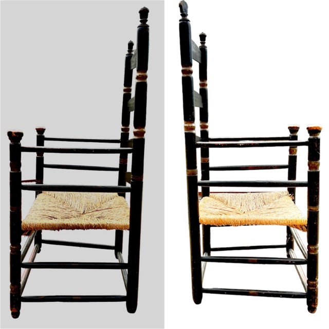 18th Century Ladder-Back Chairs with Curve-Top Slat-Back, Black Paint With Gold Colored Accents, Rush Seat, Hand-Turned Finials and Mushroom Handholds For Sale - Image 9 of 12