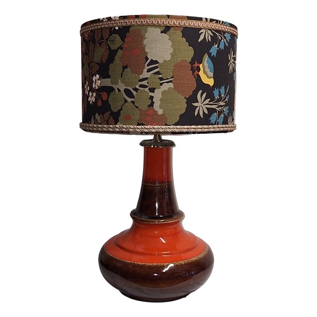 Vintage German Table Lamp with Orange-Brown Ceramic Base and Fabric Shade, 1970s For Sale