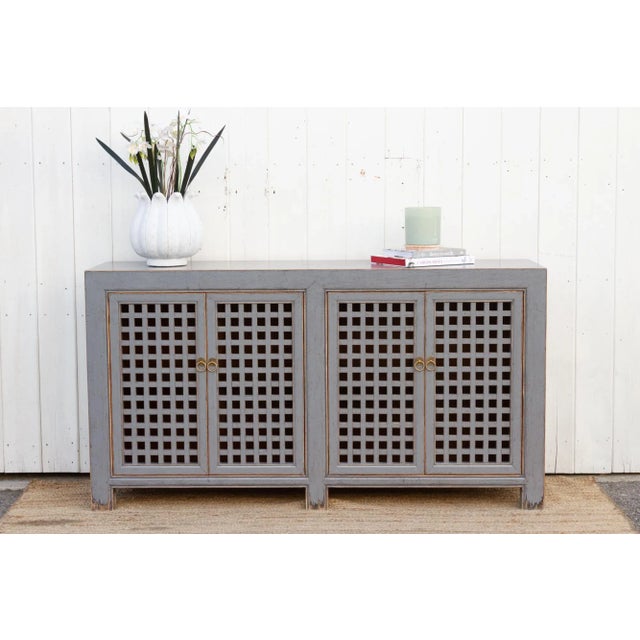 Gray Long Painted Silver Gray Lattice Credenza For Sale - Image 8 of 8
