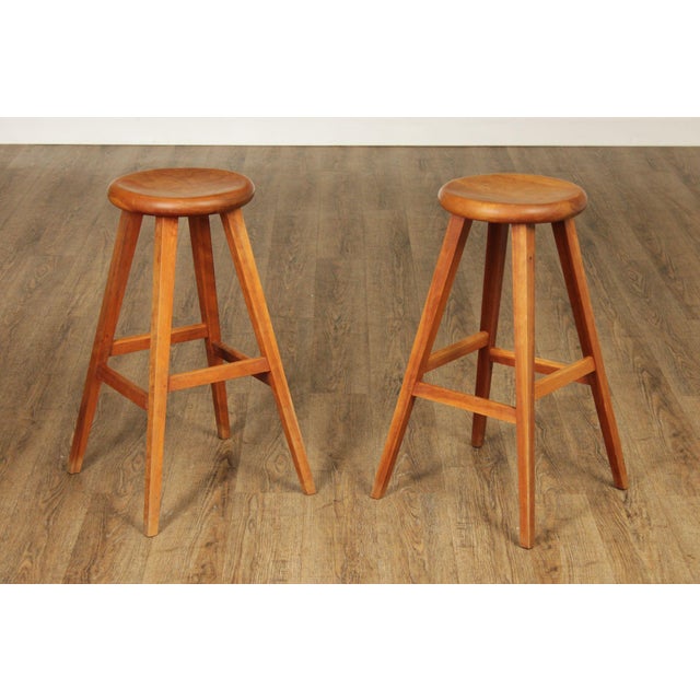 High Quality American Made Pair Of Thomas Moser Cherry Splay Leg, Counter Height Bar Stools. Features Sculpted Round...
