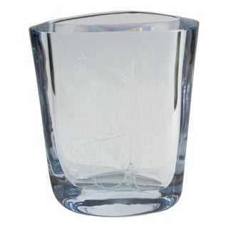 Strombergshyttan Sweden Blue Glass Vase With Owl For Sale