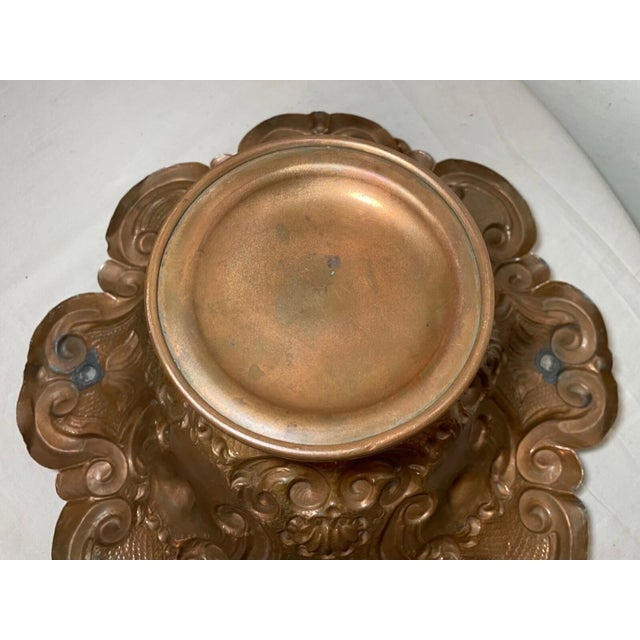 Antique Ornate Hand Tooled Hammered Footed Copper Centerpiece Fruit Bowl Basket For Sale - Image 10 of 12