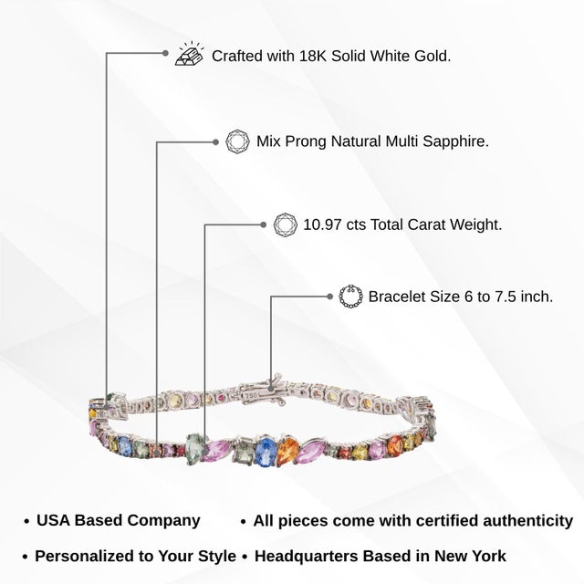 Boho Chic 10.97ct Mixed Cut Multicolor Sapphire Tennis Bracelet in 18k Gold, 7.5 Inches For Sale - Image 13 of 18