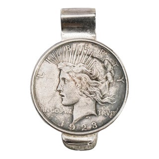 Americana Lady Liberty America Art 1923 Peace Dollar Coin Mounted Antique Sterling Silver Money Cash Clip For Sale