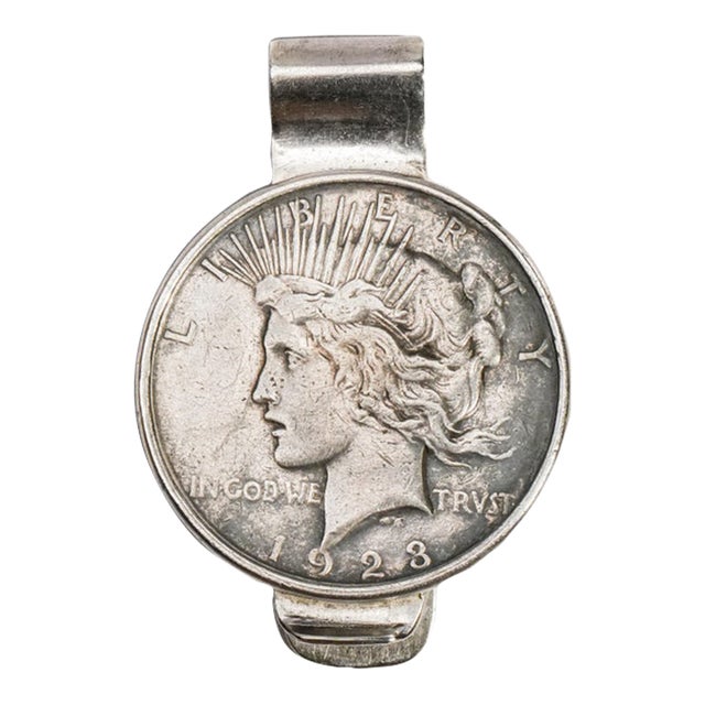 Americana Lady Liberty America Art 1923 Peace Dollar Coin Mounted Antique Sterling Silver Money Cash Clip For Sale