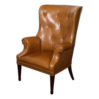 English Brown Leather Wingback Chair with Brass Nailhead Trim, circa 1930-1940 For Sale