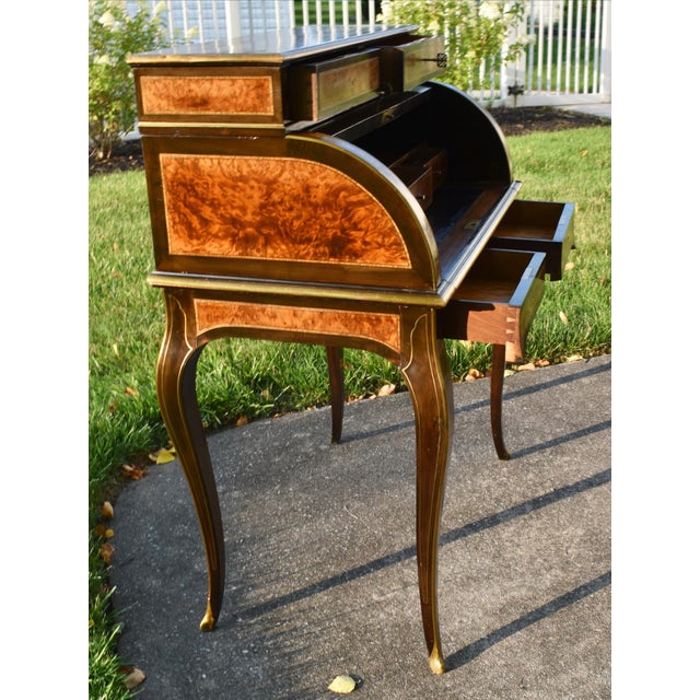 Late 19th Century Antique French Walnut Desk Burl Brass Inlay Cylinder Roll Style Bureau Ormolu For Sale - Image 5 of 16