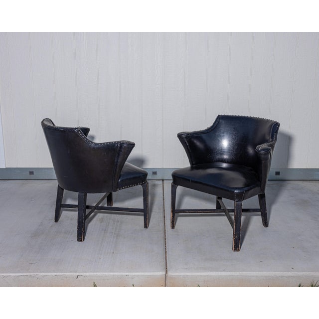 William " Billy " Haines Pair of Vintage Black Vinyl Barrel Back Club Armchairs With Nailhead Trim For Sale - Image 4 of 15