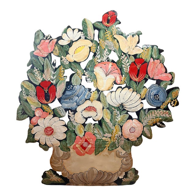 Vintage Folk Art Hand-Painted Tole Floral Fireplace Screen For Sale