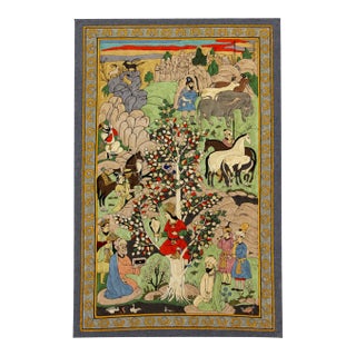 Vintage Persian Garden Court Tapestry | Handcrafted Textile Wall Hanging With Horses, Noble Figures & Tree of Life | 32” X 48” For Sale