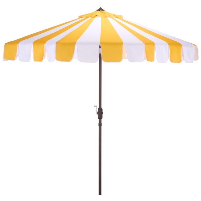 Meze 9 Ft Crank Umbrella, Yellow Cabana Stripe/Brown Pole For Sale - Image 9 of 9