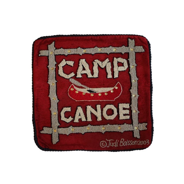 Vintage Judi Boisson 2003 “Camp Canoe” Hand-Hooked Pillow Cover—Unused For Sale