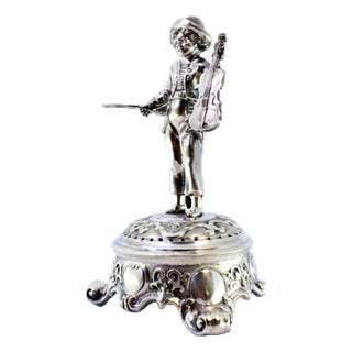Silver Toothpick Holder with Musician Playing Violin on Raised Plinth For Sale