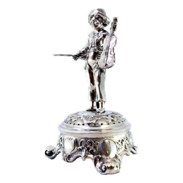 Silver Toothpick Holder with Musician Playing Violin on Raised Plinth For Sale