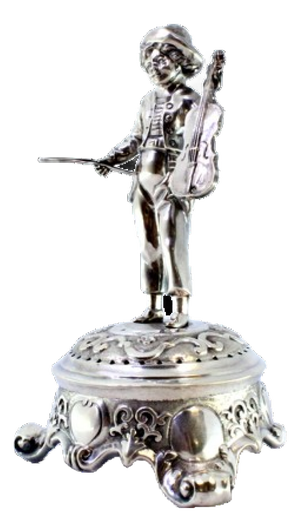 Silver Toothpick Holder with Musician Playing Violin on Raised Plinth