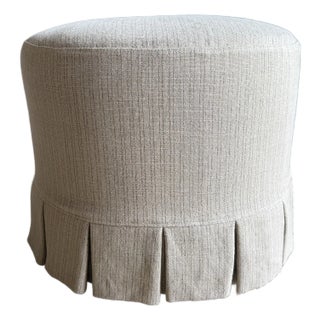 Bailey Slip Covered Ottoman in Linen Ticking Stripe With Pleated Skirt For Sale
