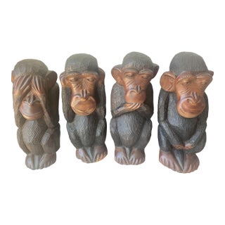Vintage Large Hand Carved Wise Monkeys Sculpture Set With Rare Fourth Monkey For Sale