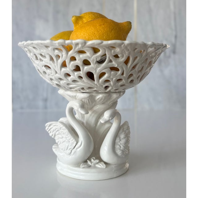 Old Paris Style Reticulated White Ceramic Swan Pedestal Bowl For Sale In Palm Springs - Image 6 of 9