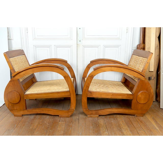 Wood Art Deco Teak Armchairs with Woven Rattan Seats, 1920s, Set of 2 For Sale - Image 7 of 7