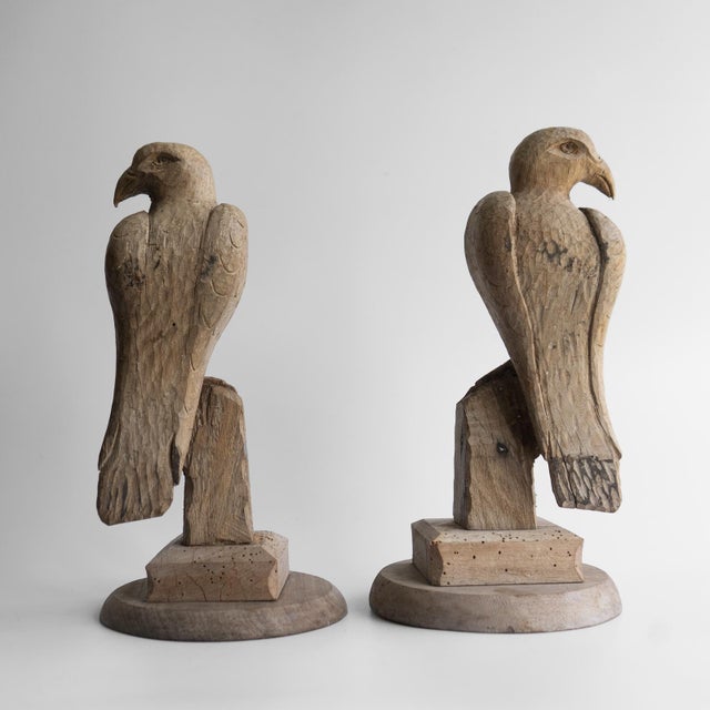 Pair of Antique French Folk Art Carved Oak Falcon Figures, Wooden Bird Sculpture For Sale - Image 11 of 14