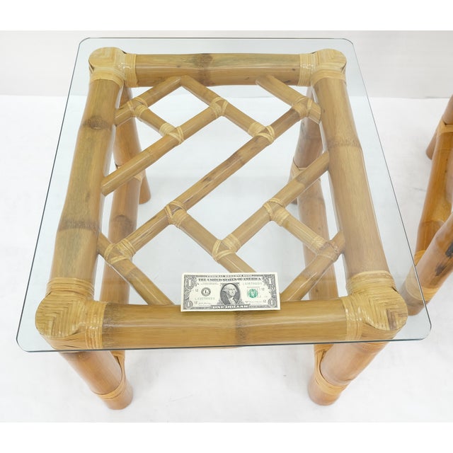 Pair Thick Bamboo Glass Top Rectangle Glass Top End Side Lamp Tables MINT For Sale - Image 17 of 18
