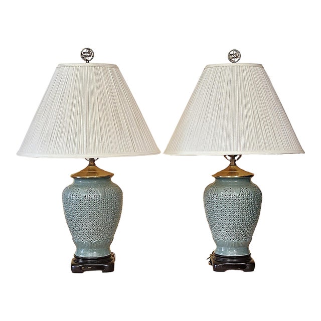 Late 20th Century Reticulated Celadon Chinoiserie Porcelain Table Lamps With Pleated Shades - 29" - a Pair For Sale