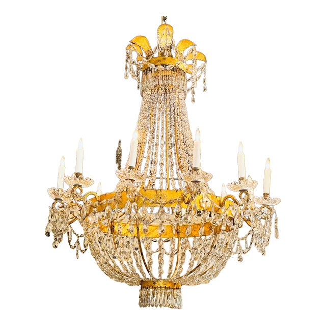19th Century Italian Empire Gilt Tole and Crystal Chandelier For Sale