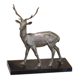 Early 20th Century French Spelter Stag Sculpture on Marble Base Signed M. Leducq