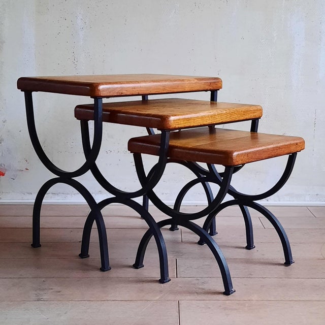Wood Oak and Metal Nesting Tables, 1950s, Set of 3 For Sale - Image 7 of 7