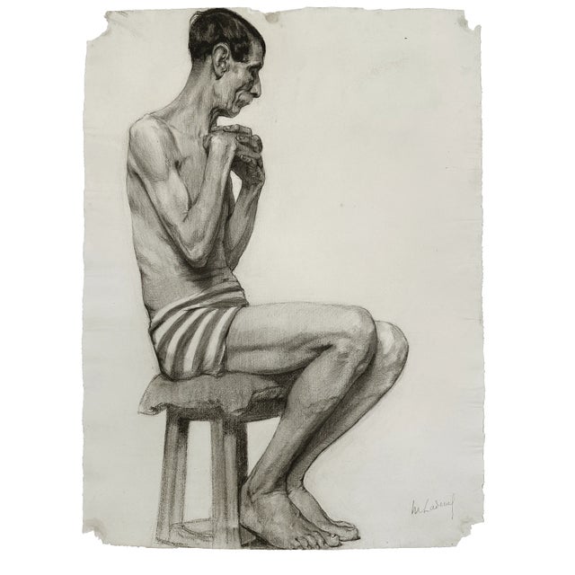 1910s Set of Early 1900's Antique French Academic Drawings of Gentleman in Swim Trunks, Charcoal on Paper With Mat, Dated 1917 For Sale - Image 5 of 12