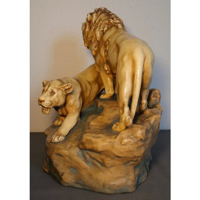Circa 1900 Austrian Art Nouveau Theodore Schoop for Bernard Bloch Porcelain Lion and Lioness on Rock Figural Group Sculpture For Sale - Image 4 of 12