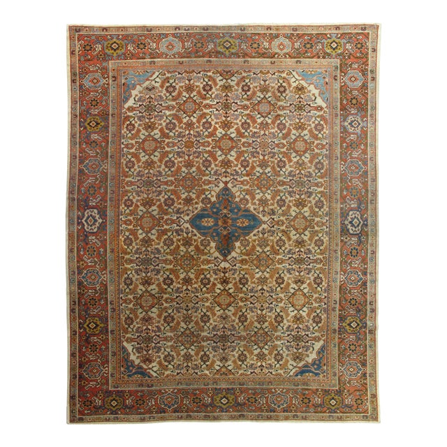 Antique Persian Sultanabad Carpet, Wool Ivory, Blue, Oriental Rug Hand Knotted For Sale