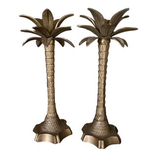 Vintage Hollywood Regency Palm Tree Brass Candle Holders - a Pair For Sale