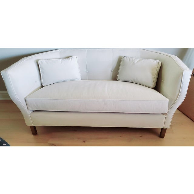 A beautifully tailored, transitional mid-century modern tuxedo settee handcrafted in the USA by the heritage Southern...