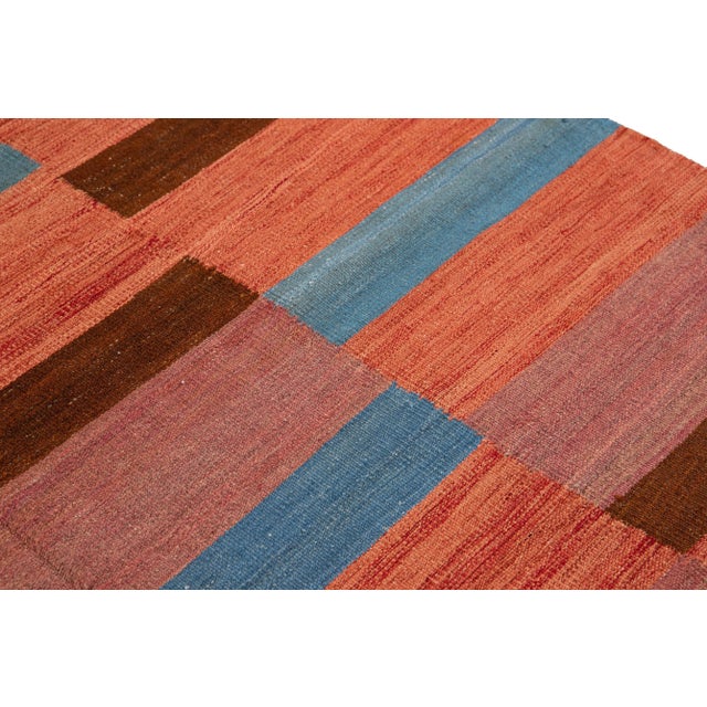 Modern Kilim Flatweave Orange Geometric Abstract Wool Rug For Sale - Image 9 of 10