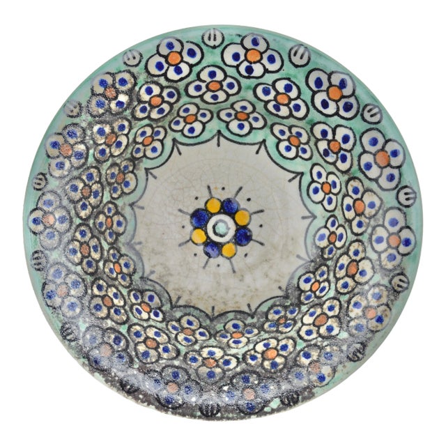 Antique Orange & Teal Andalusian-Patterned Ceramic Bowl For Sale