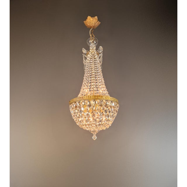 Antique Italian Empire Style Crystal Montgolfière Chandelier in Brass Basket For Sale - Image 4 of 7
