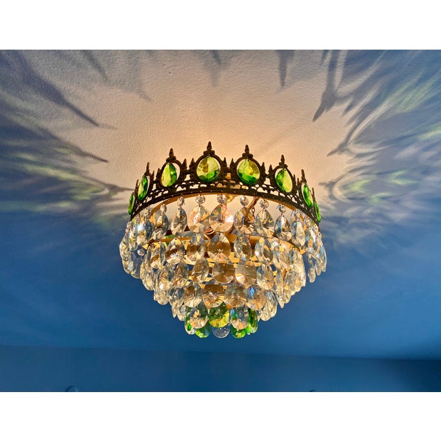 Vintage Emerald Green & Clear Crystal Crown Flush Mount Chandelier – 3 Light For Sale - Image 11 of 17