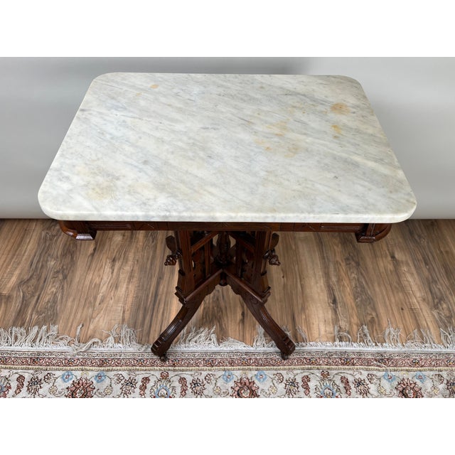 Victorian Antique Walnut Eastlake Victorian Tetrapod Marble Top Table C. 1880 For Sale - Image 3 of 9
