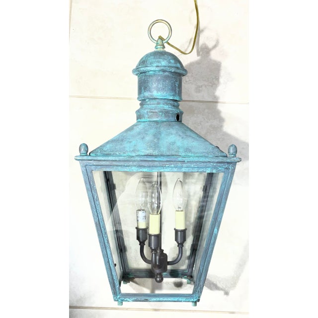 Vintage Solid Copper and Brass Hanging Lantern / 12”x 12”x 23” High For Sale - Image 10 of 17